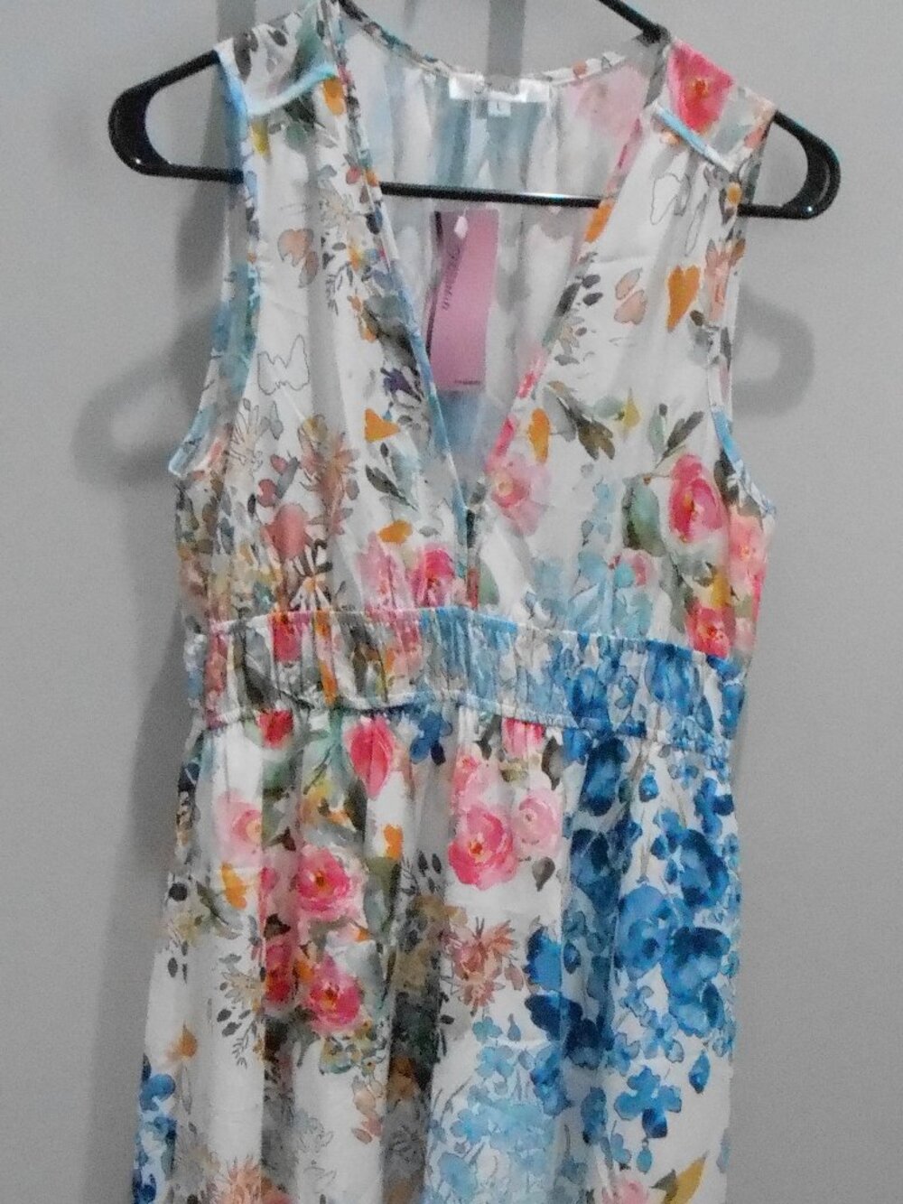 Flessibili Women's Sleeveless V Neck Blue White Pink Rose Floral Maxi Dress-Lg